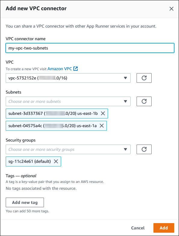 
                  App Runner console showing Add new VPC connector dialog
                