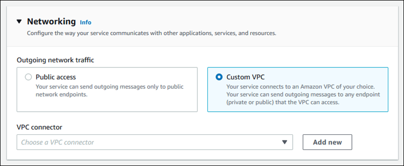 App Runner console configuration page showing networking options