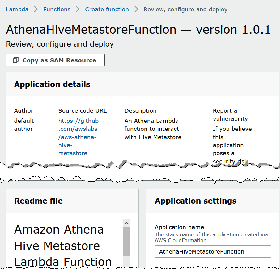 
                        The AthenaHiveMetastoreFunction page in the
                            AWS Lambda console.
                    