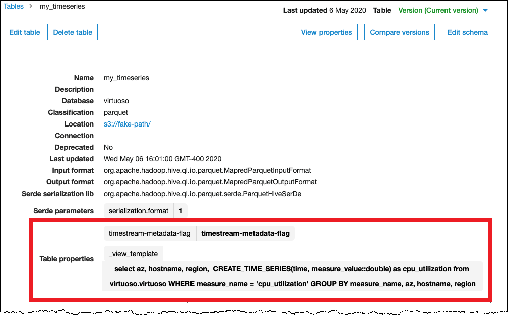 Configuring table properties in AWS Glue to set up a view over a time series.