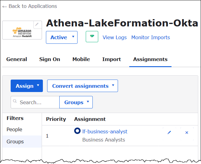
                        The Okta application is assigned to the Okta group.
                    