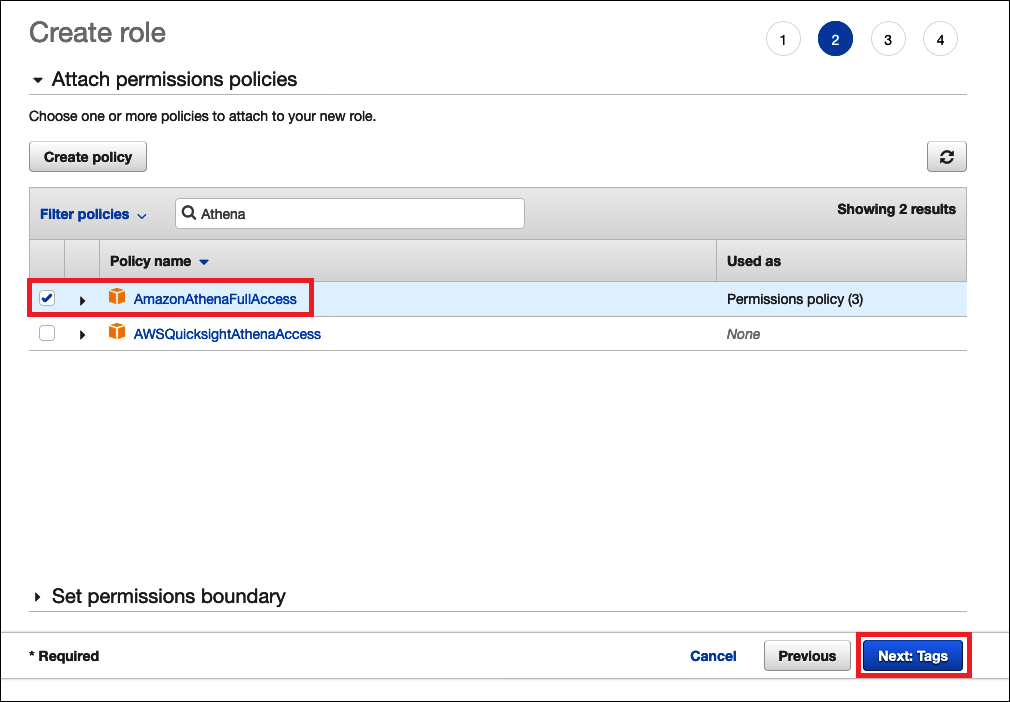 
                        Attaching the AmazonAthenaFullAccess managed
                            policy to the IAM role.
                    