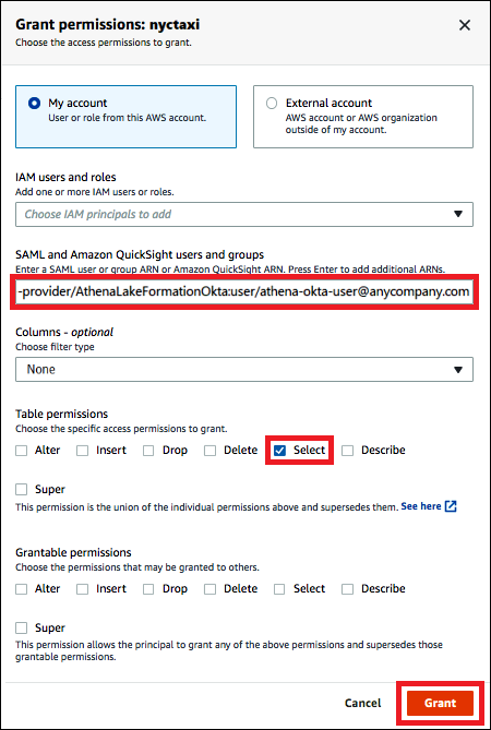 Granting table and column-level permissions to an Okta user.