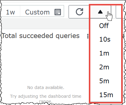 
                    Choosing a refresh interval for the workgroup metrics display in the
                        Athena console.
                