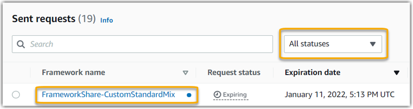 
                                    Screenshot of a received share request with a blue dot
                                        next to the framework name.
                                