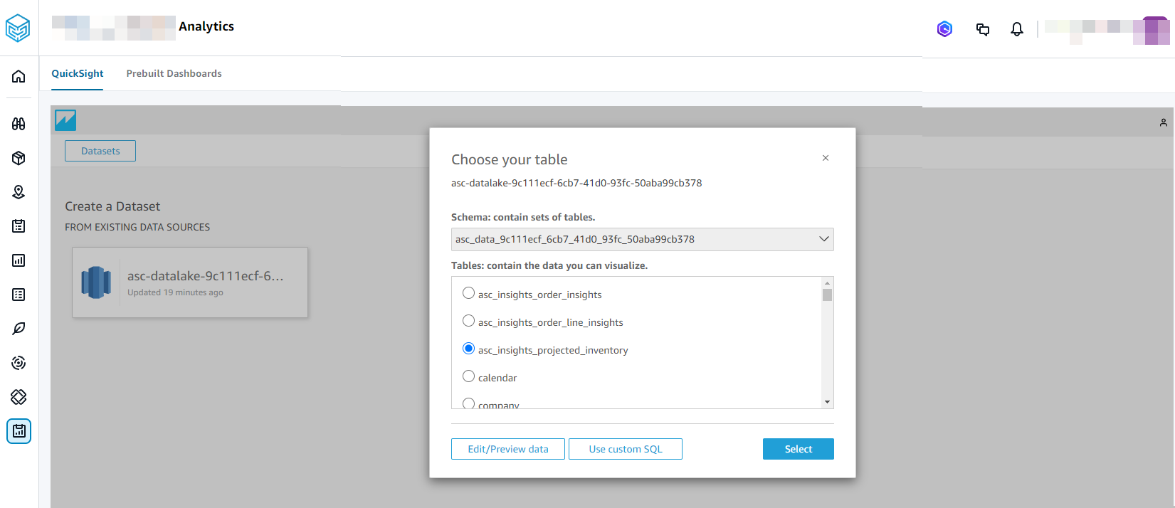 Choosing a dataset category to create AWS Supply Chain Analytics dashboard