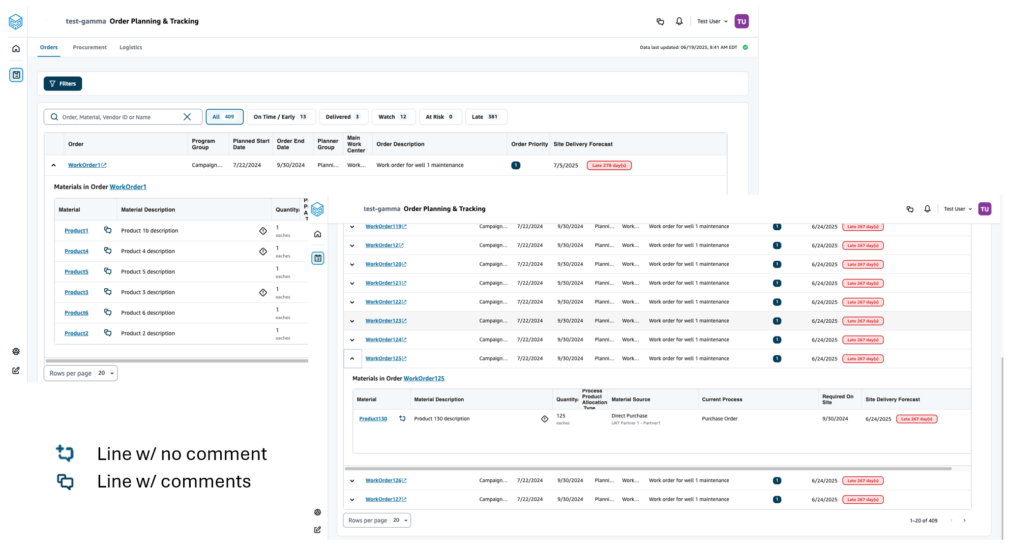 Comments feature on the Orders page