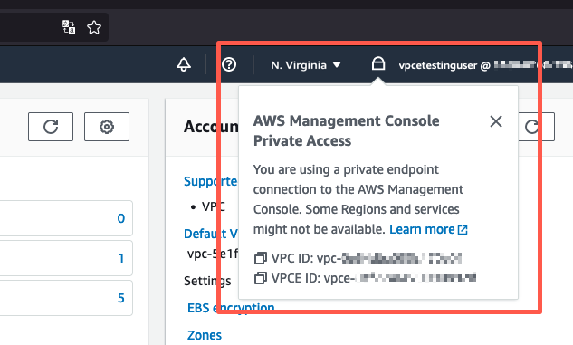 
              The Amazon S3 console showing the lock-private icon location and AWS Management Console Private
                Access information.
            