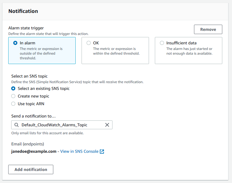 
          Screenshot of the notification settings for an alarm to monitor a Trusted Advisor metric
            in the CloudWatch console.
        