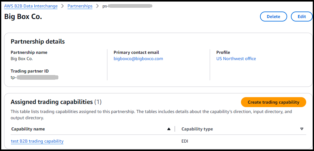 An example partnership, showing the partnership details and assigned trading capabilities.