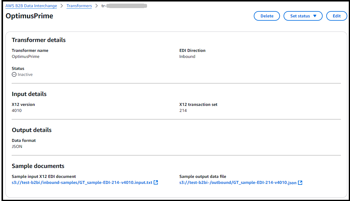 The AWS B2B Data Interchange console Transformers page, showing an example transformer.