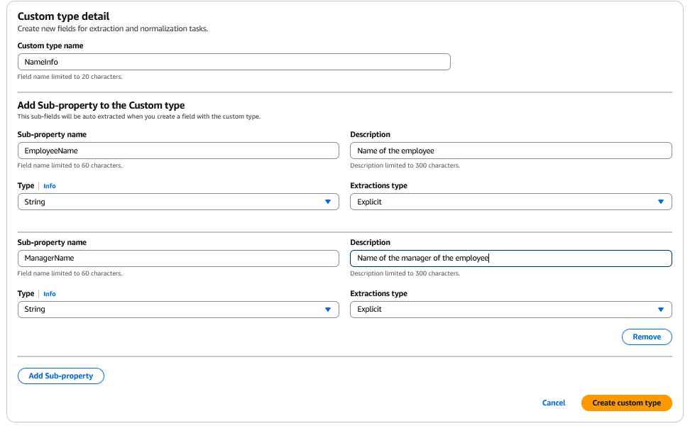 Console showing how to add custom type details. It also shows the sub-properties added to the custom type.