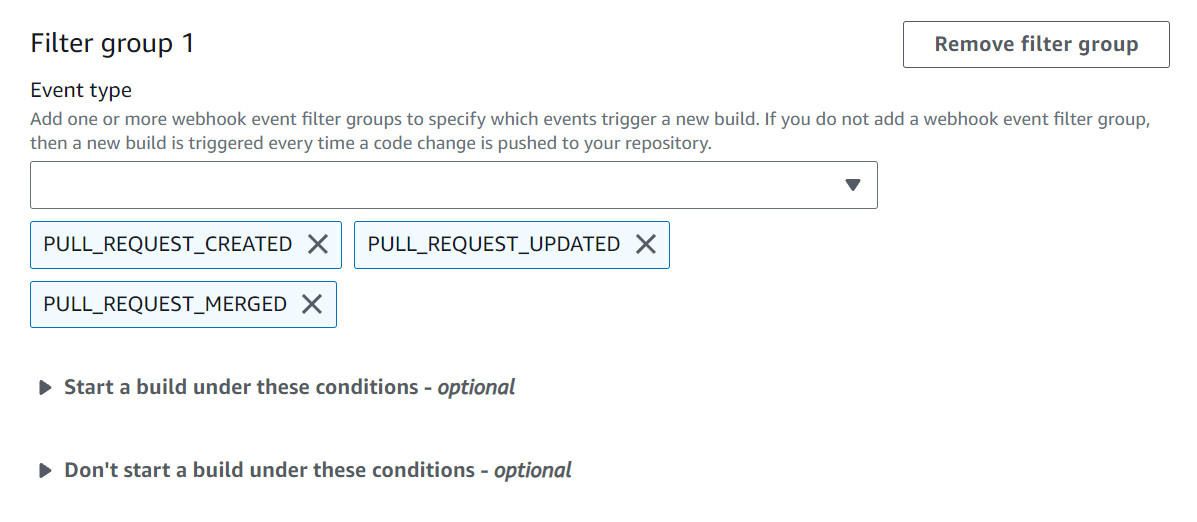 A webhook filter group that triggers a build for pull requests only.