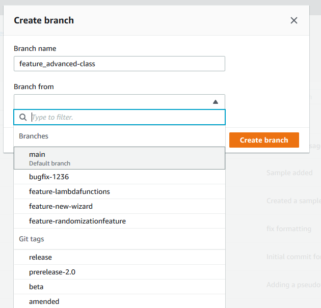 
            Creating a branch in the CodeCommit console.
          