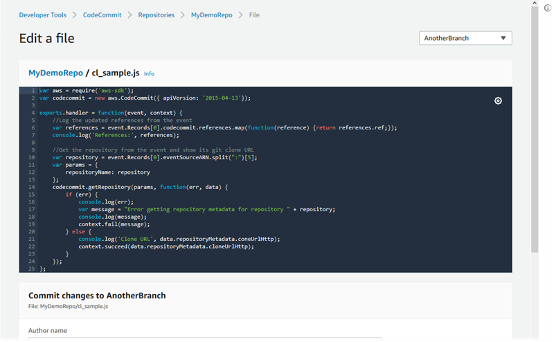 
      A view of editing a file in the CodeCommit console
    