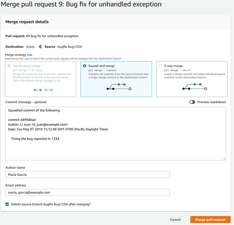 
                                A pull request showing the merge strategies available for
                                    the merge in the CodeCommit console.
                            