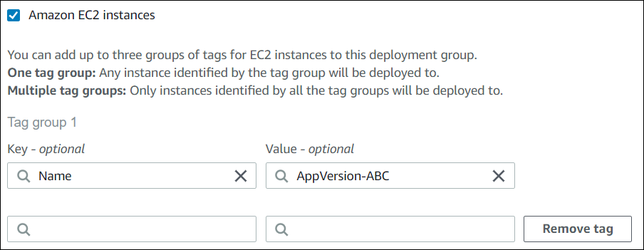 The CodeDeploy console showing one tag group with one tag.
