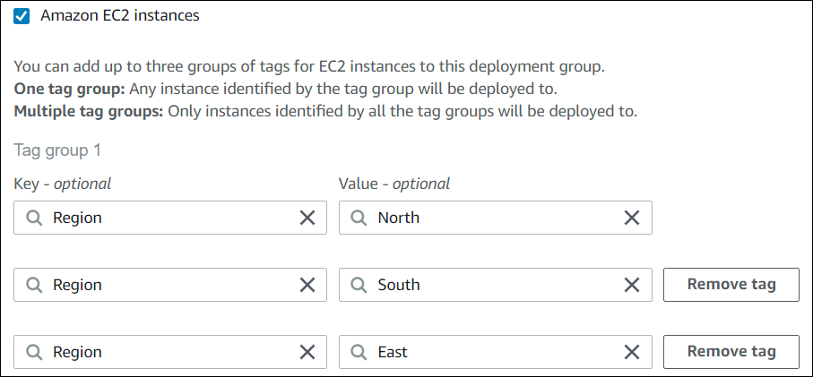 The CodeDeploy console showing one tag group with three tags.
