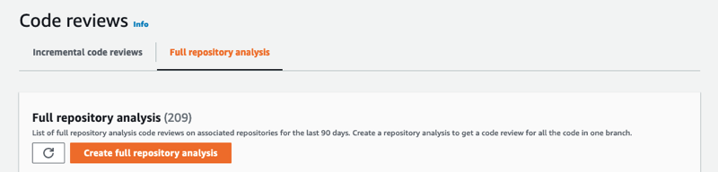 
              The Code reviews section showing the Create full repository analysis button on
                the Full repository analysis tab.
            