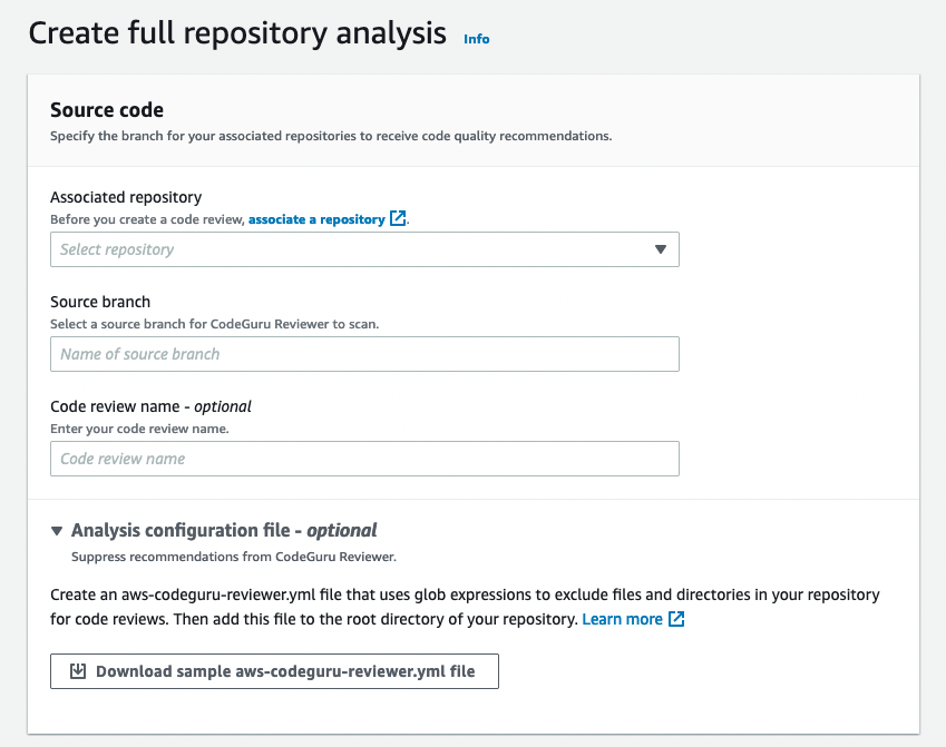 
              The Create full repository analysis section with source code settings and
                sample YAML file information.
            