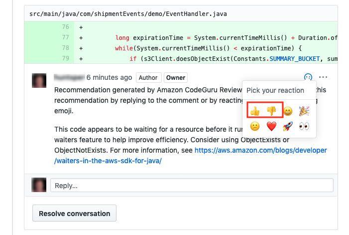 
            GitHub tutorial step 5: CodeGuru Reviewer feedback icons
         
