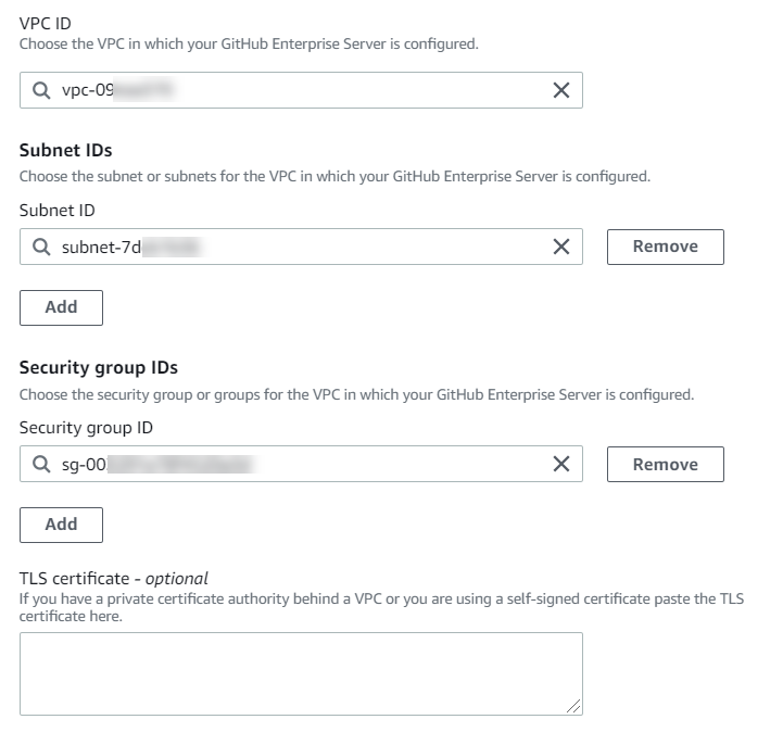 
                                    Console screenshot showing create GitHub Enterprise
                                        Server connection page for VPC options.
                                