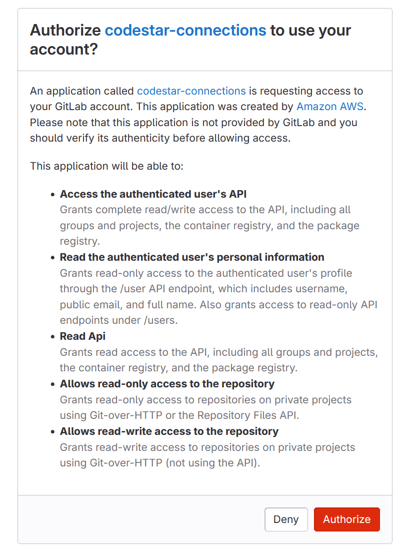 
                        Screenshot showing the message to authorize the connection for your
                            GitLab.com account.
                    
