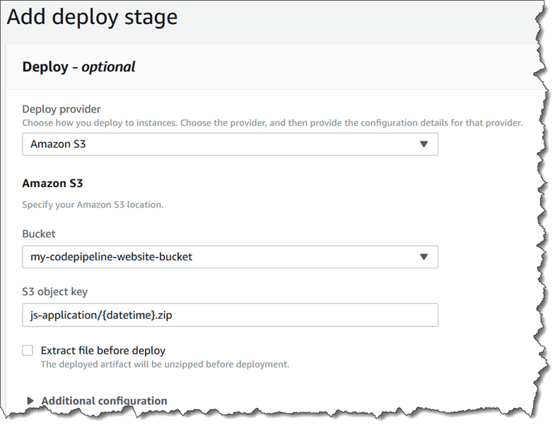 
                                    The Step 4: Deploy page for an Amazon S3
                                        deploy action with an Amazon S3 source
                                