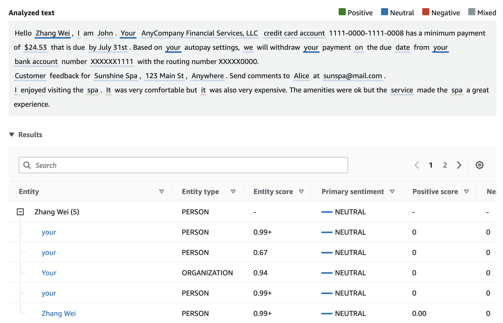 
        The Results table for targeted sentiment analysis.
      