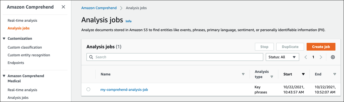 
          Amazon Comprehend analysis jobs page, which displays your analysis jobs.
        