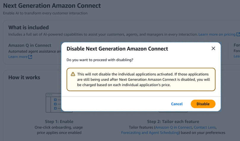 The Amazon Connect page, the Disable button.