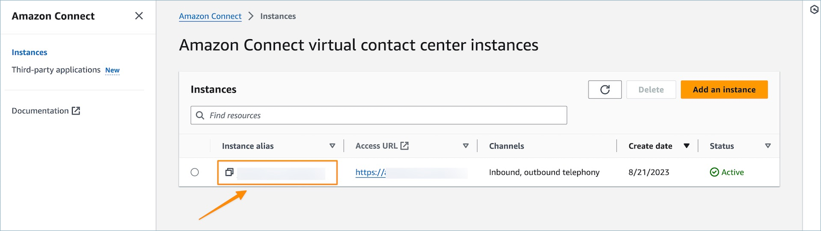 The Amazon Connect virtual contact center instances page.