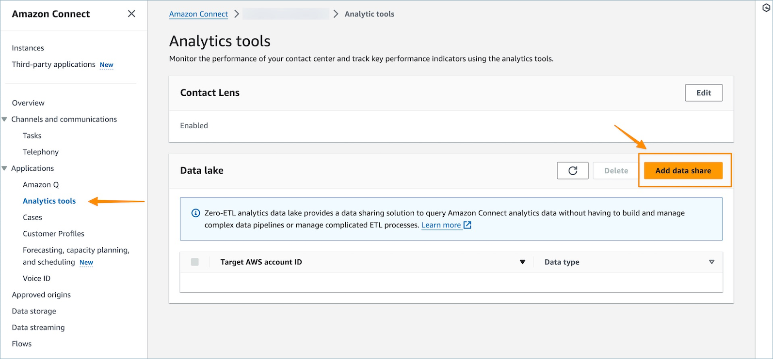 The Amazon Connect analytics tools page.