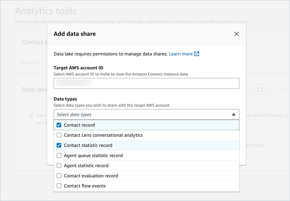 The Amazon Connect analytics tools Add data share page.