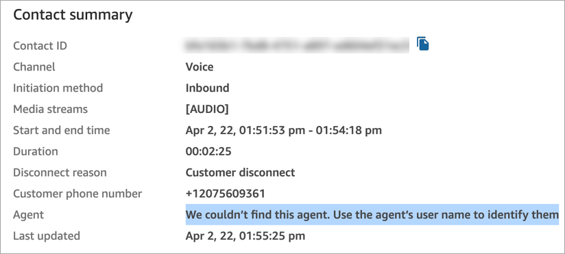 
                    The contact summary page, the error message in the Agent field.
                