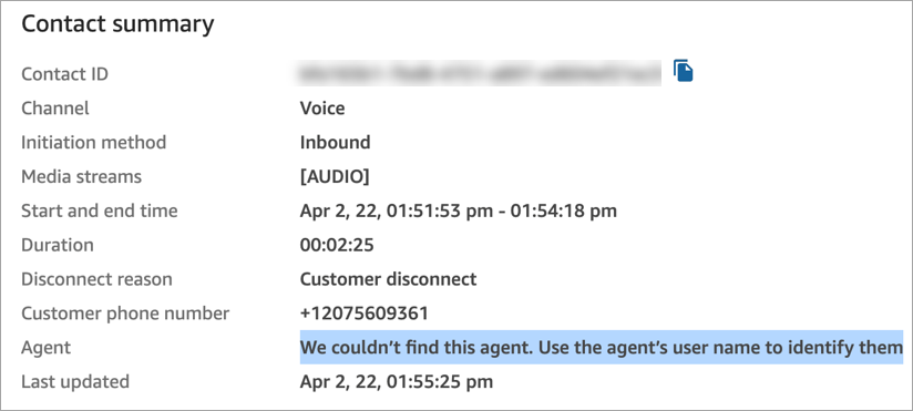 The contact summary page, the error message in the Agent field.