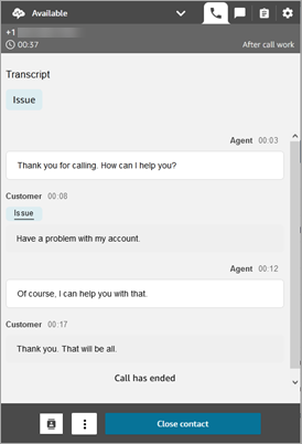The contact control panel, the transcript of the conversation.