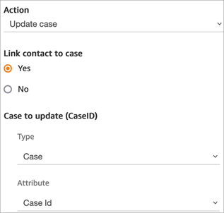 
                    The Update case block, with the Link contact to case option set to Yes,
                        Type set to Case, Attribute set to Case Id.
                