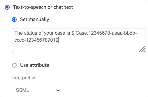 
                                    A text-to-speech message that contains the status ID for
                                        a custom field.
                                