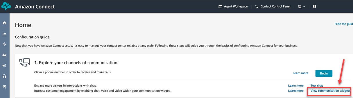 The configuration guide page, the customize communications widget link.