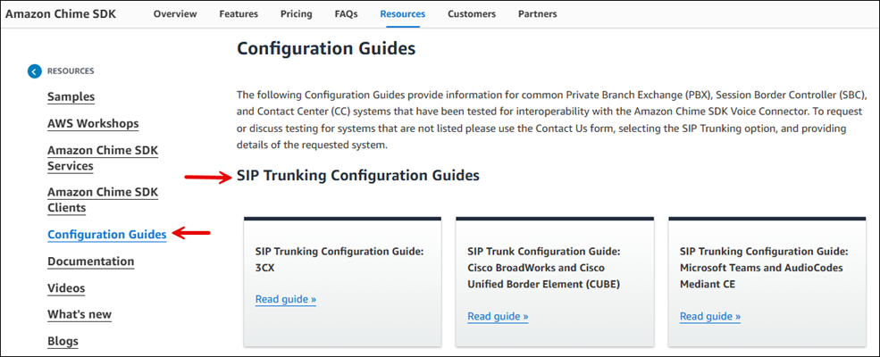 The Configuration Guides on the Amazon Chime SDK resource page.
