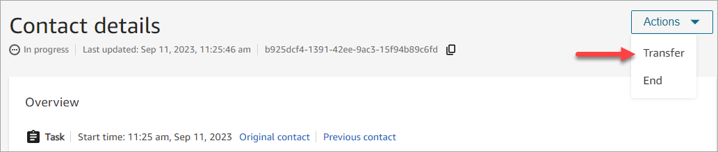 The contact details page, contact transferred successfully.