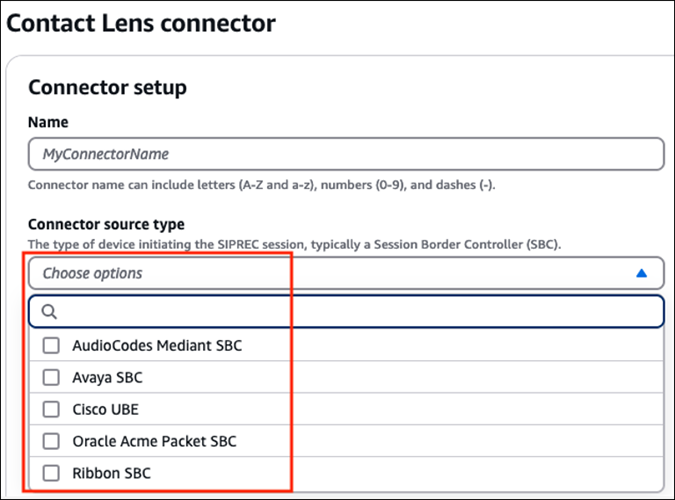 The Contact Lens connector page, the Connect source type dropdown list.