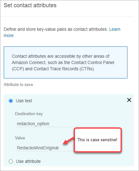 The set contact attributes block, the use text option, the value is case sensitive.