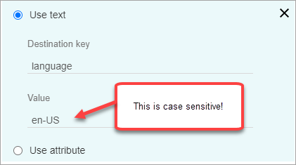 The set contact attributes block, the use text option, the value is case sensitive.