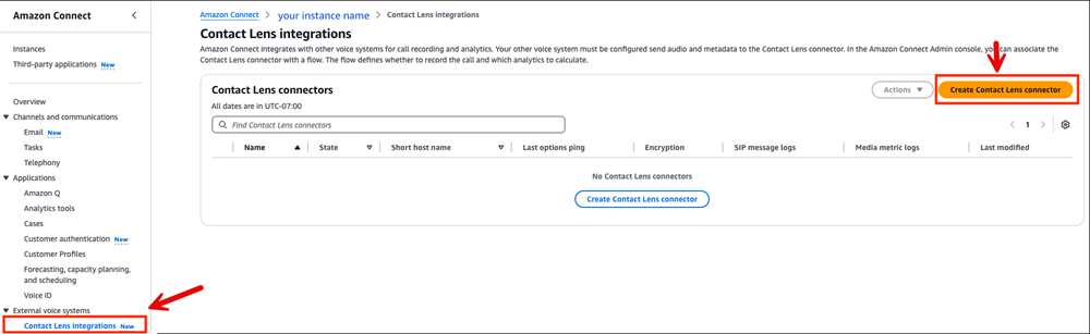 The Contact Lens integrations page, the Create Contact Lens connector button.