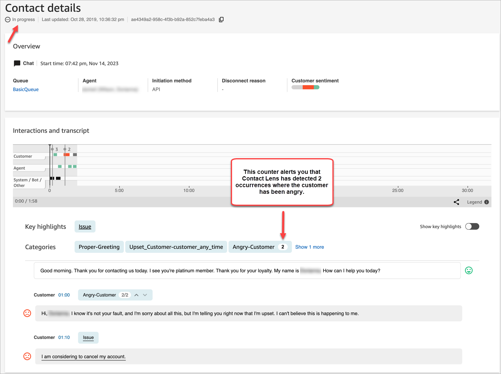 The contact details page, an alert for an angry real-time chat customer.