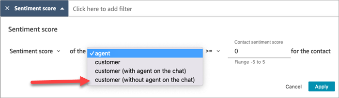 The sentiment score filter, the participant dropdown menu, the customer without agent on the chat option.