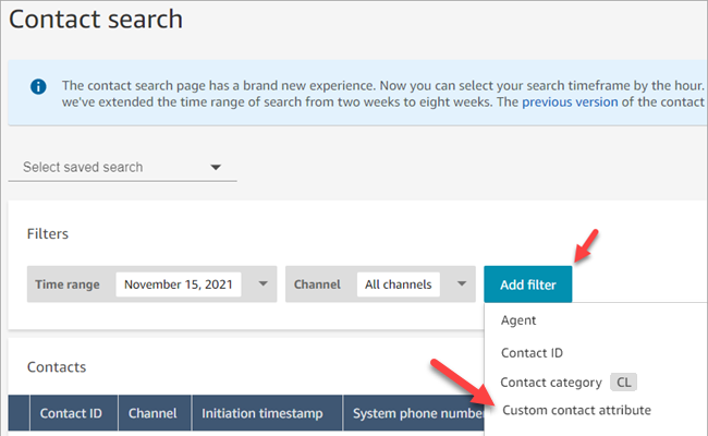 
                                The contact search page, the filters dropdown menu, the
                                    Customer contact attribute option.
                            