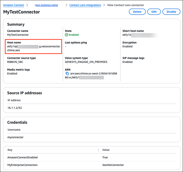 The MyTestConnector details page, the fully qualified name of the host that will receive the SIPREC audio.